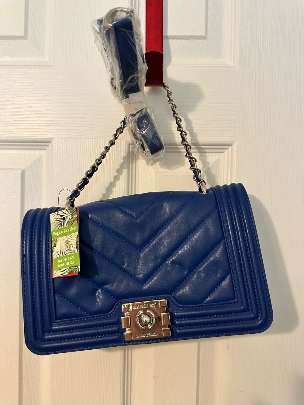 Badgley Mischka Quilted Shoulder Bag in Royal Blue with Chain Strap